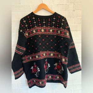 Laura Ashley Vintage Wool Floral Embroidered Sweater Size Medium